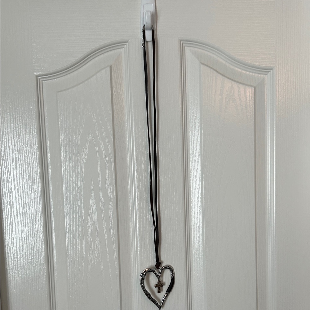 Long Rustic Silver Pewter Heart with gold cross Pendant, leather Necklace